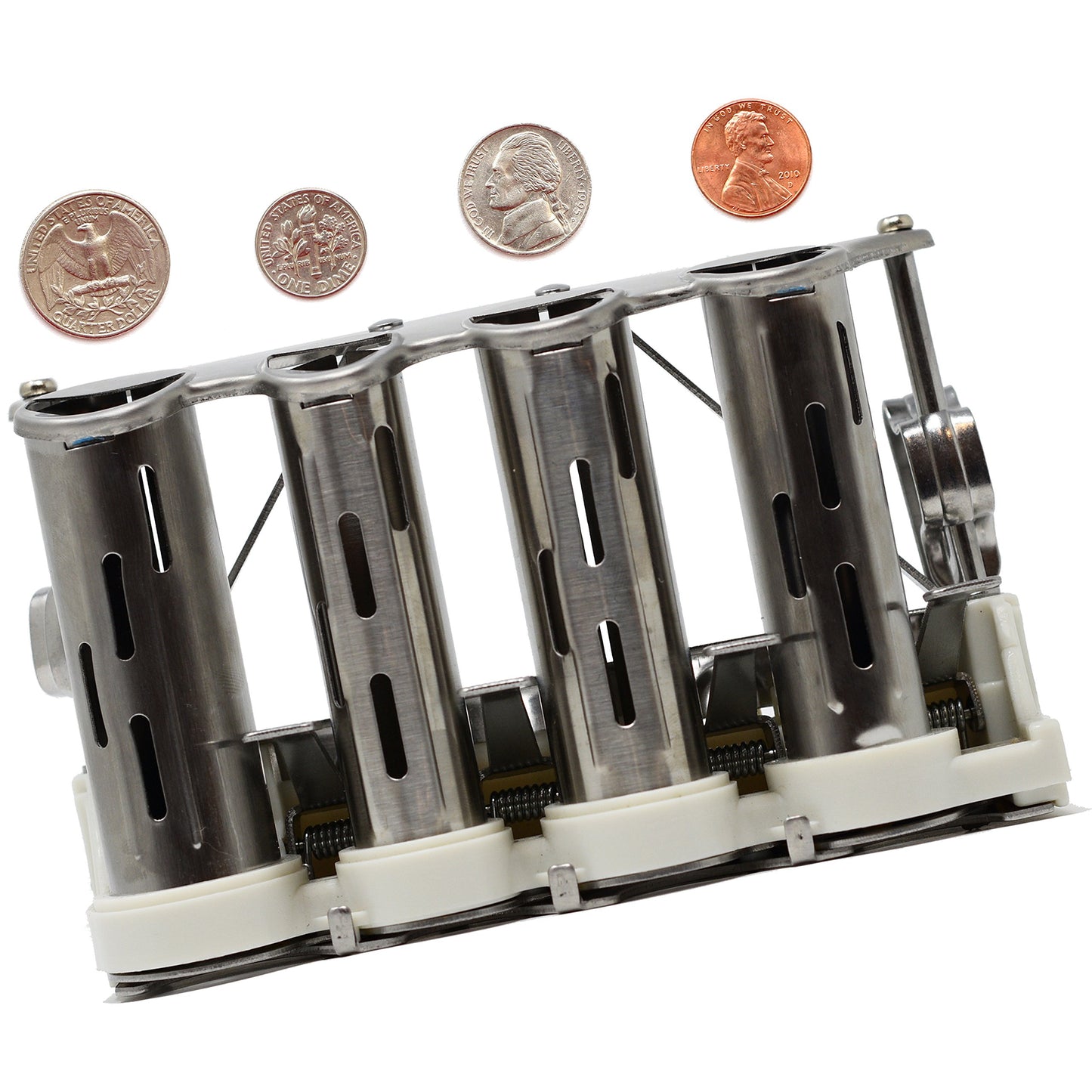 4 Barrel Steel Coin Dispenser Money Changer with Belt Clips, Silver