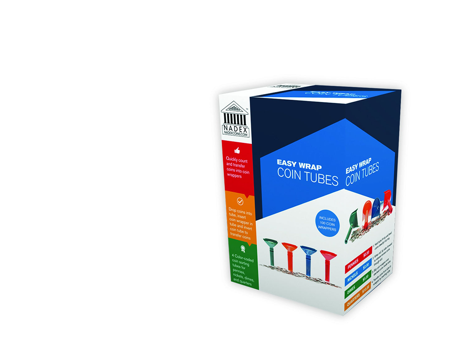 Nadex Easy Wrap Coin Tube Set with 40 Wrappers Included, Color Coded