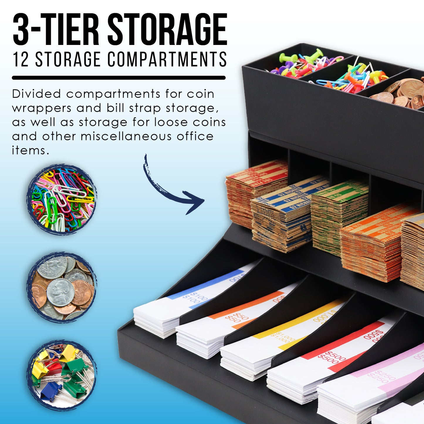 3 Tier Coin and Cash Wrapper Organizer Black