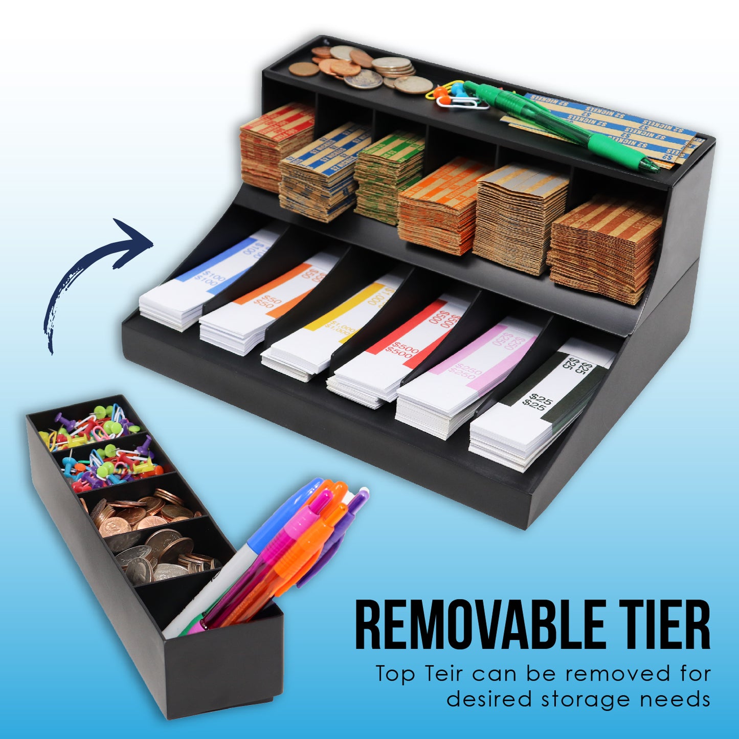 3 Tier Coin and Cash Wrapper Organizer Black