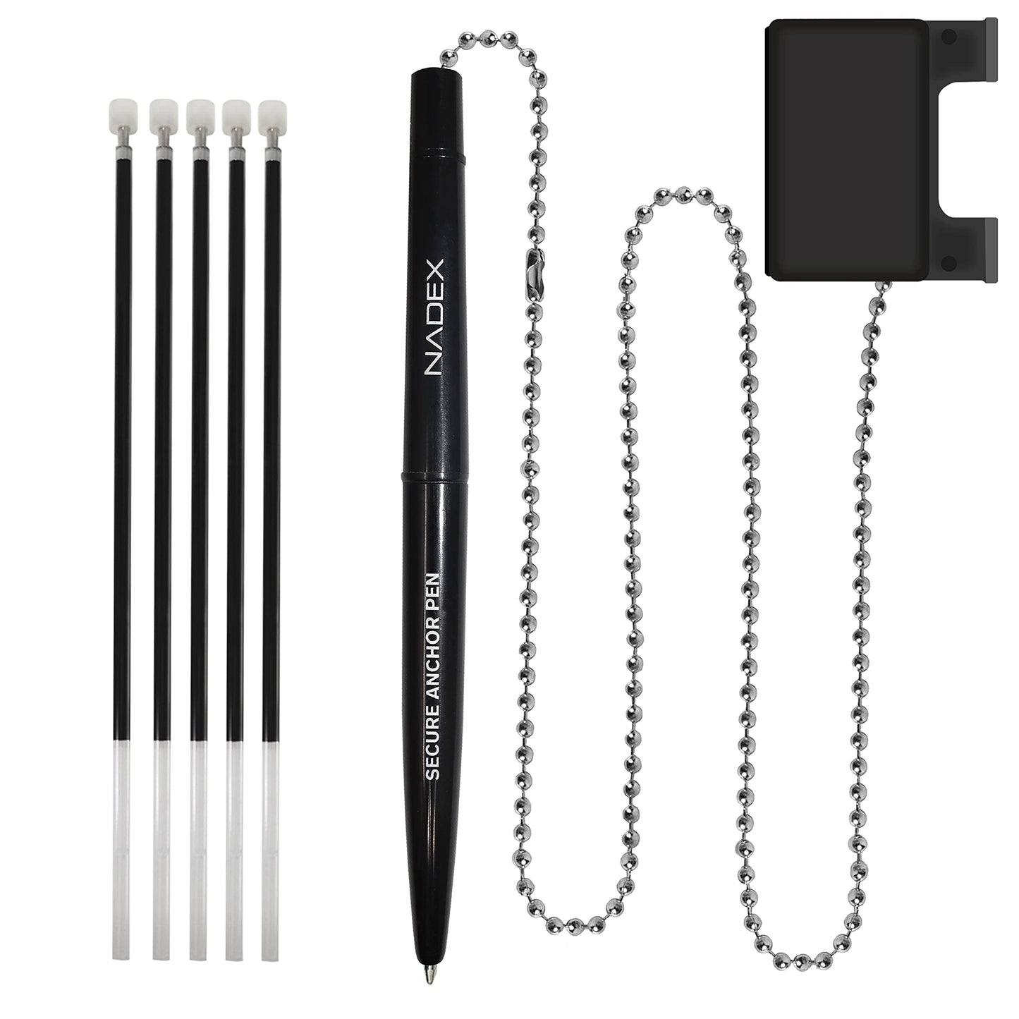 Ball and Chain Security Pen Set | 1 Pen, 1 Adhesive Mount, and 5 Refills (Black)