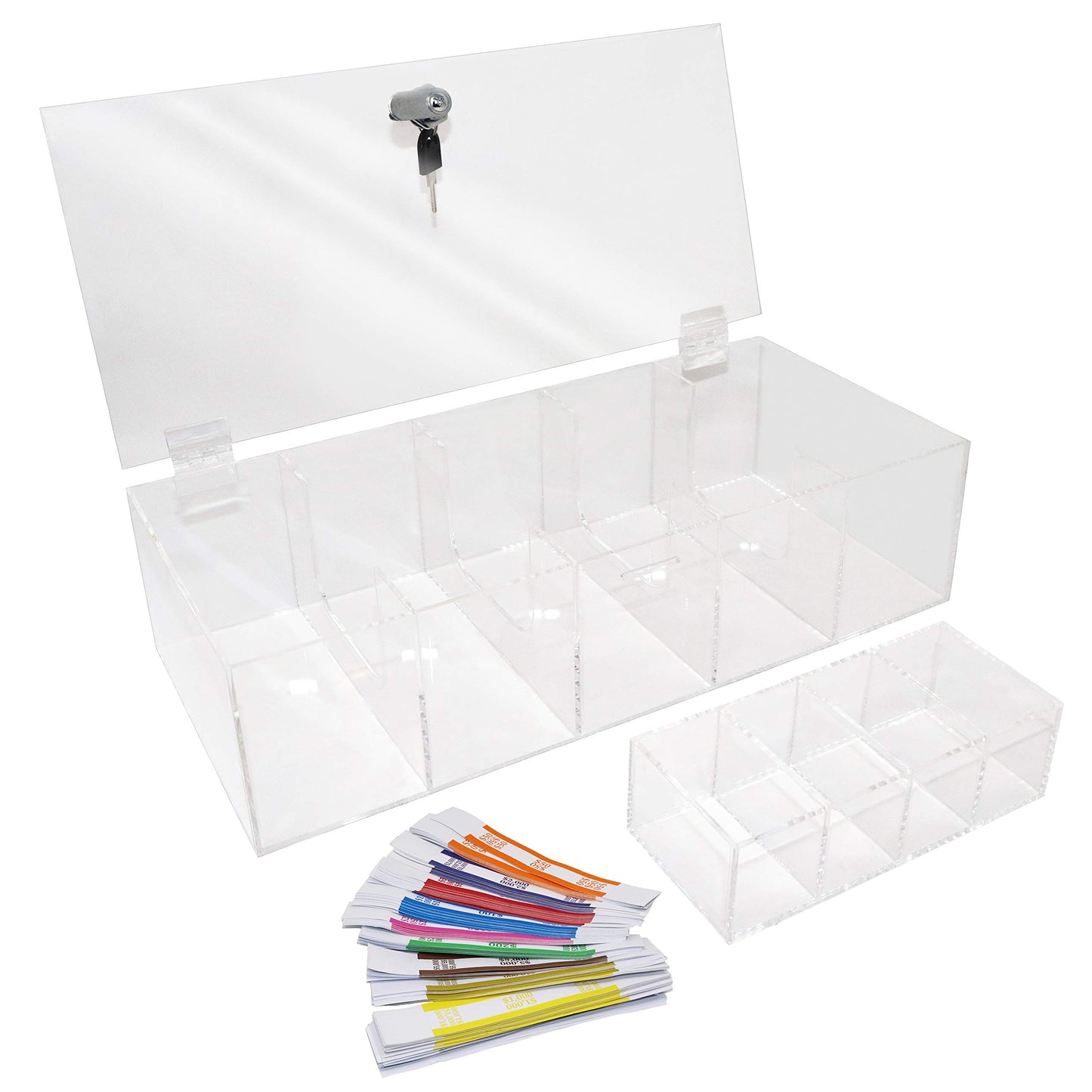 Currency Tray, Acrylic, with Locking Cover and Coin Tray Insert
