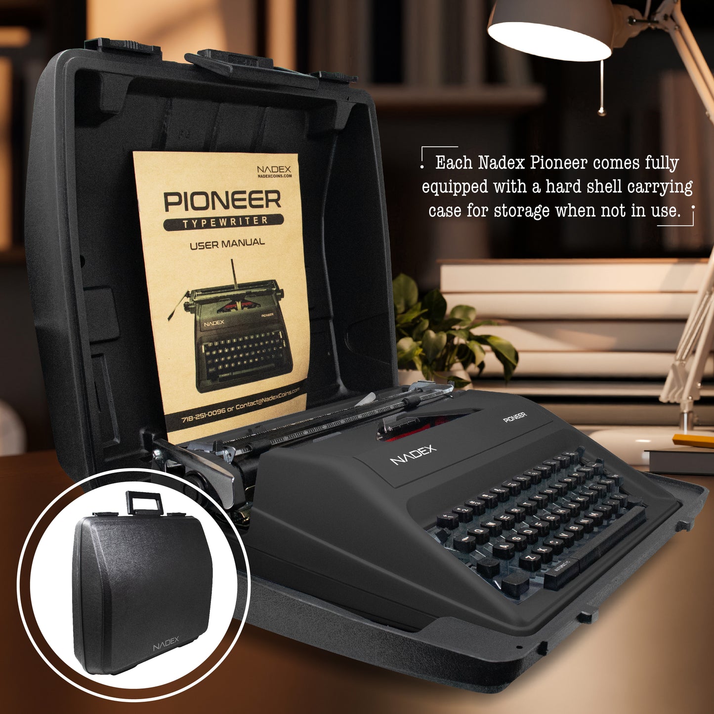 Nadex Pioneer Manual Typewriter, Durable Travel Case Included, Black