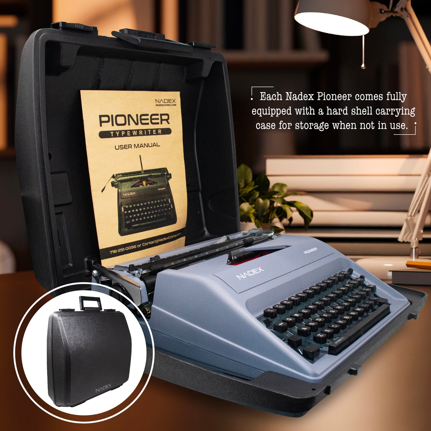 Nadex Pioneer Manual Typewriter, Durable Travel Case Included, Gray