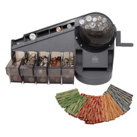 Manual crank coin sorting machine with sorted US coin denominations