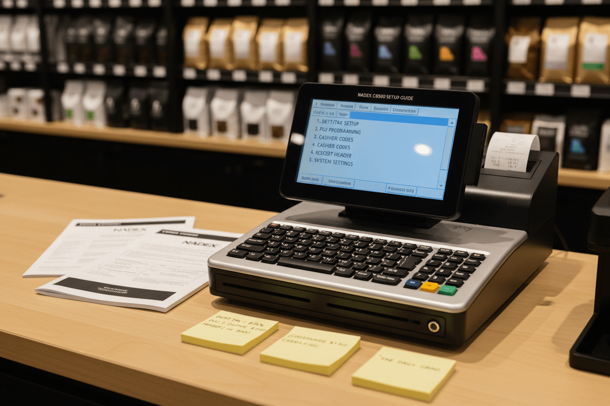 Nadex CR360 cash register setup for retail store step by step with PLU programming department config and tax setup