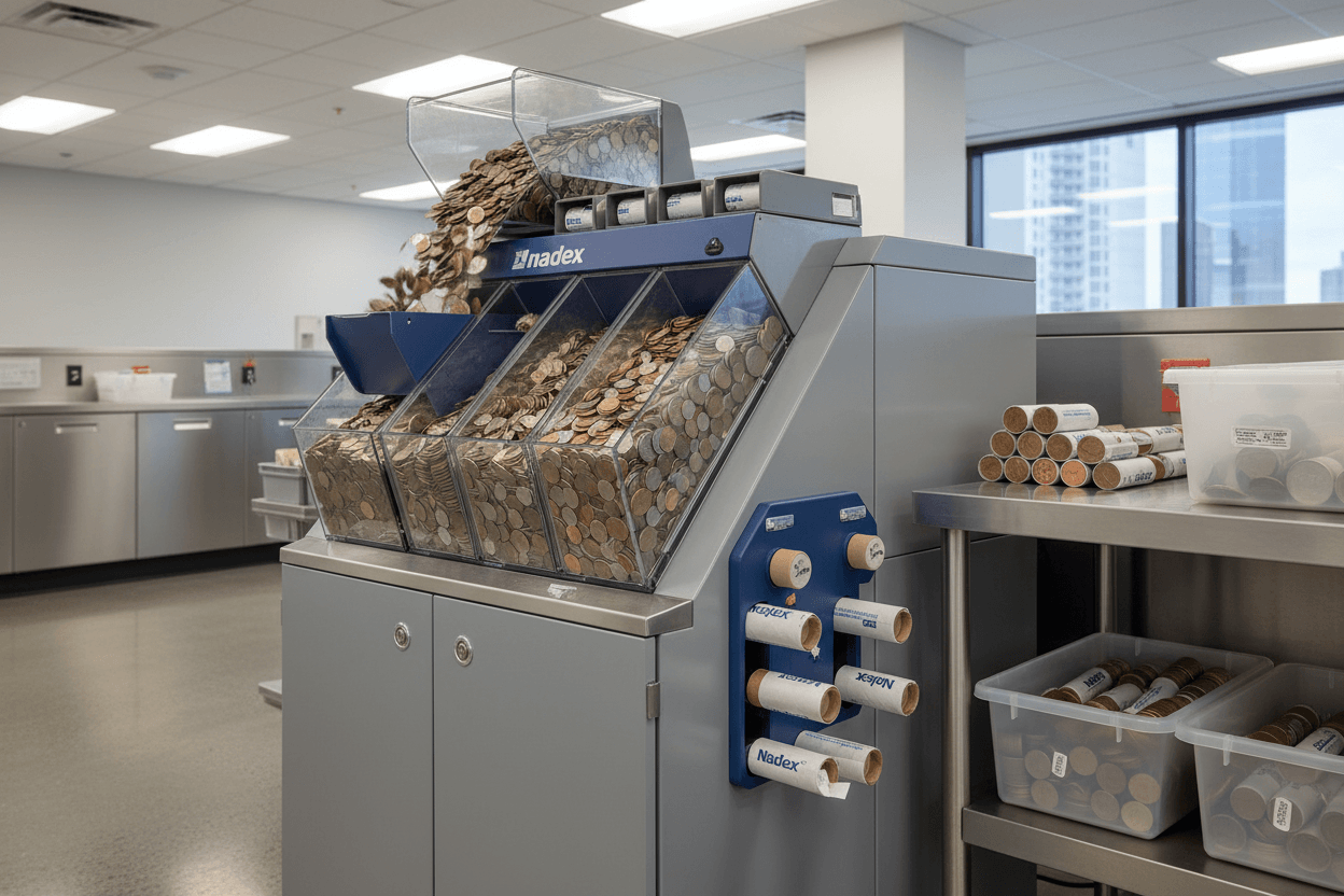 Nadex S540 coin counter processing large bank coin volumes through sorting batching and wrapping stages