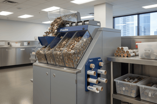 Nadex S540 coin counter processing large bank coin volumes through sorting batching and wrapping stages