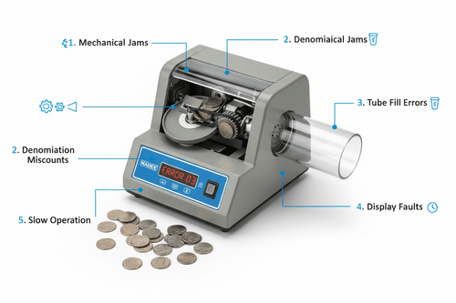 Nadex S540 coin counter troubleshooting common problems including jams miscounts tube errors and display faults