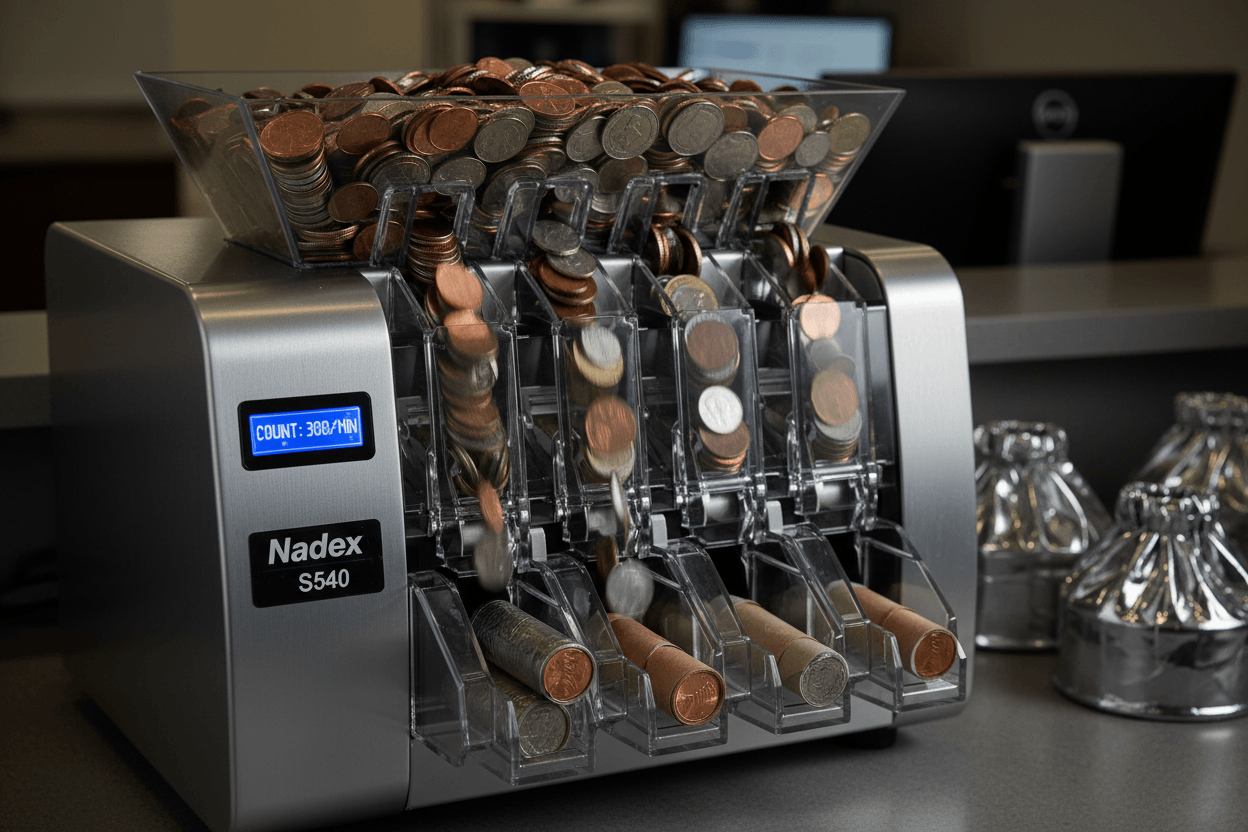 Nadex S540 coin counter for faster end of day coin counting sorting and wrapping