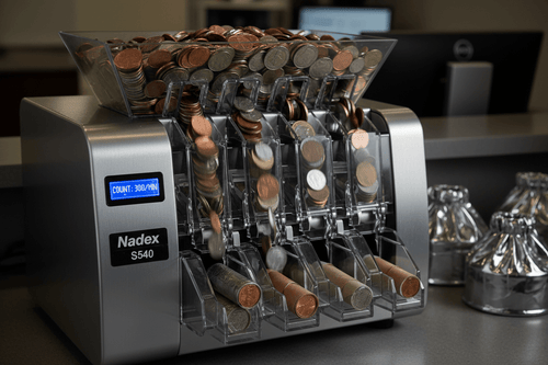 Nadex S540 coin counter for faster end of day coin counting sorting and wrapping