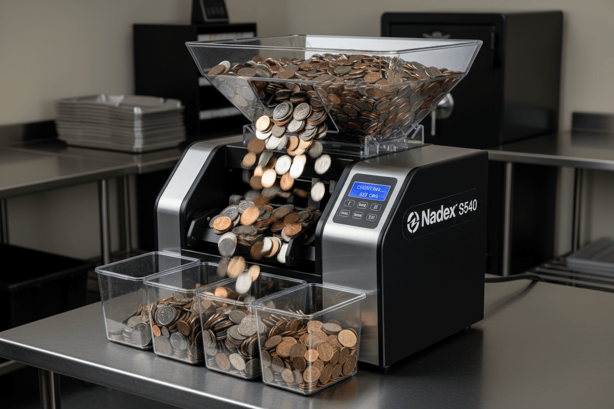 Nadex S540 coin counter for retail and vending businesses sorting and counting high volume mixed coins