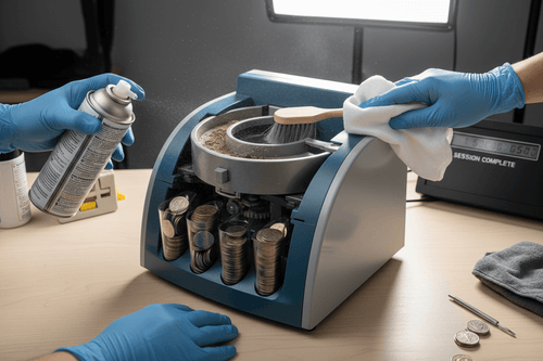 Nadex S540 coin counter sorter cleaning and maintenance with brush and compressed air for denomination channels