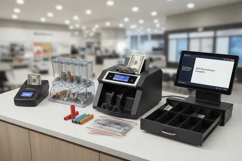 Retail cash handling equipment including a bill counter, counterfeit detector, coin sorter, deposit bags, cash drawer, and POS system arranged on a store counter.