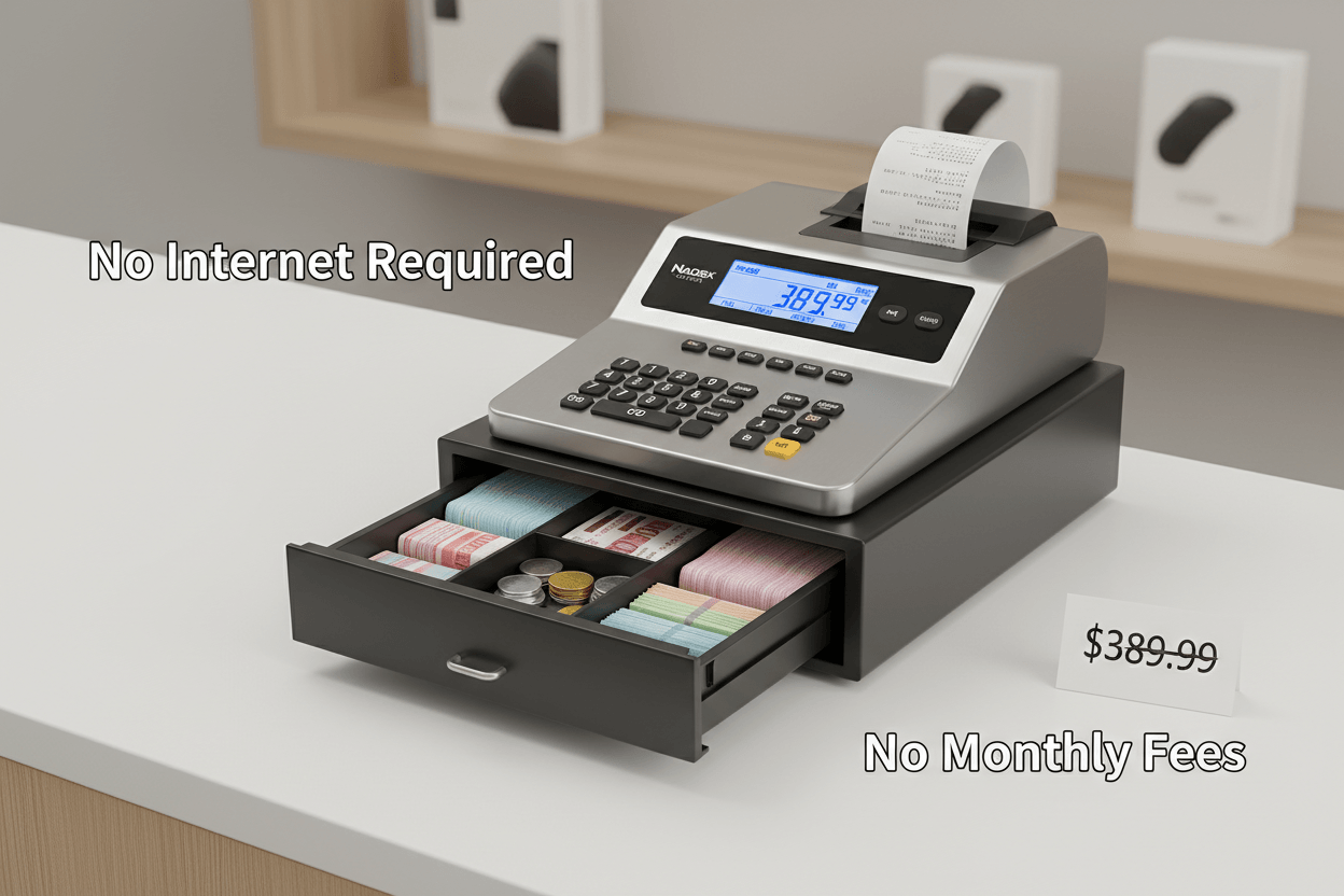 Nadex CR360 cash register instead of POS system for small business with no subscription and no internet required