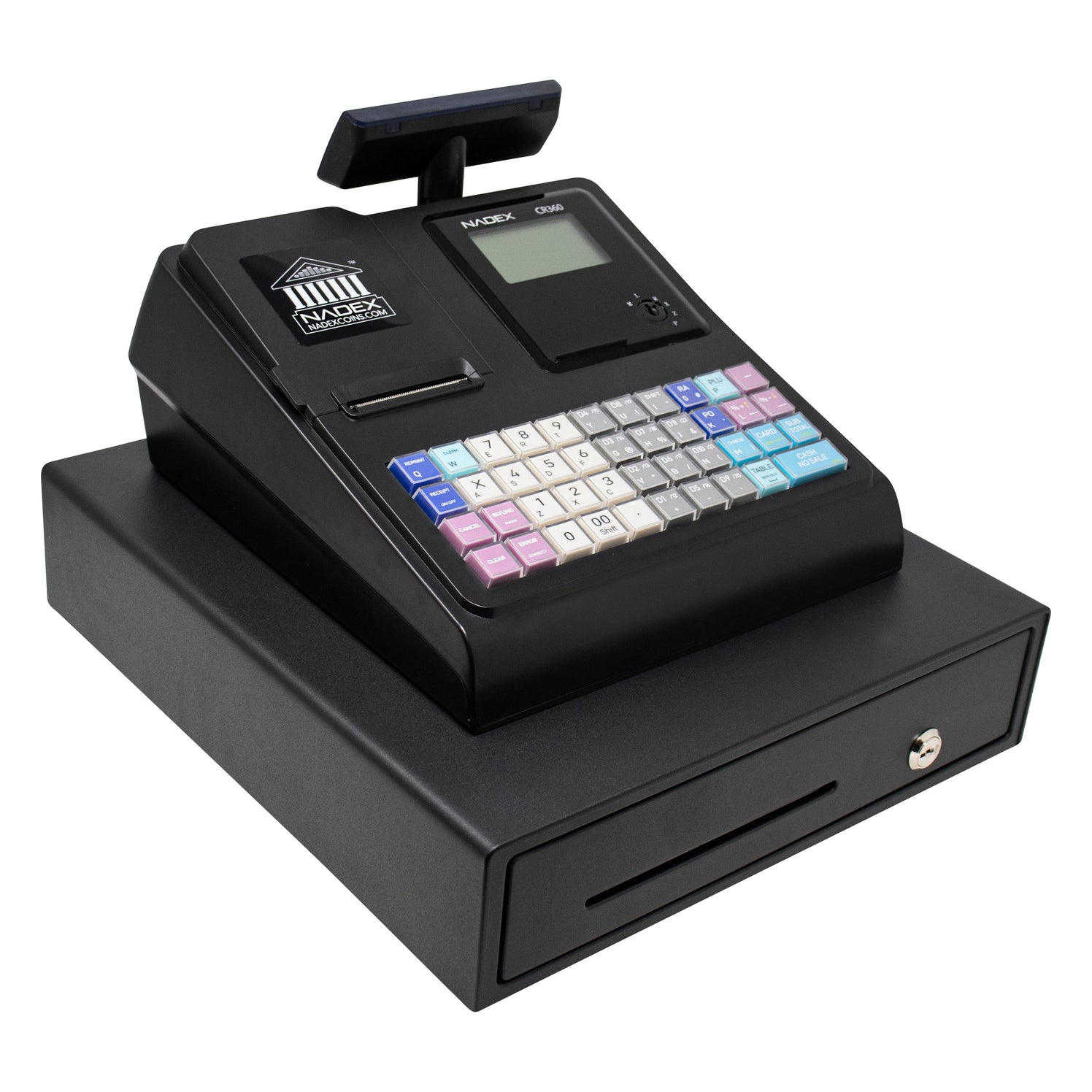 Nadex CR360 electronic cash register with 5-inch LCD operator display and 8-digit customer-facing display for small business use