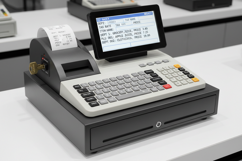 Nadex CR360 cash register programming departments and PLUs with tax rates and product entries before first transaction