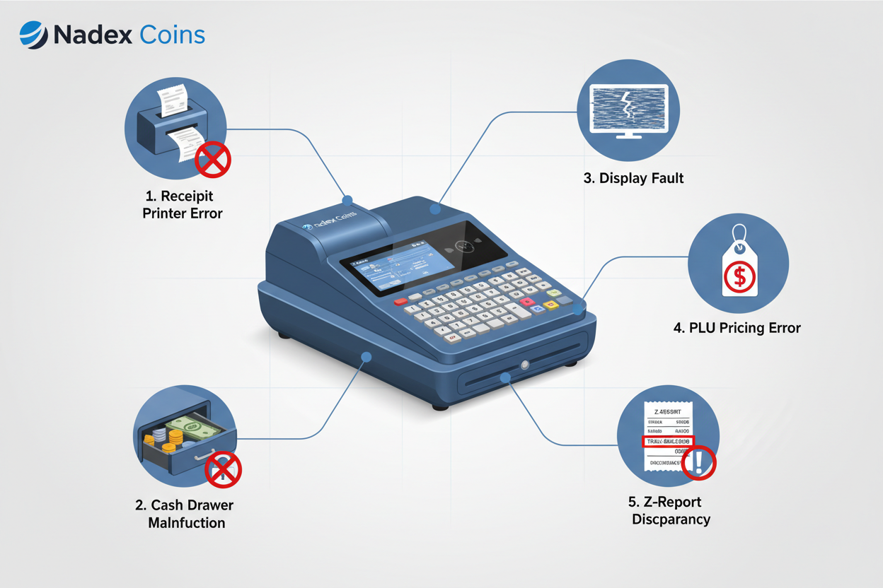 Nadex CR360 cash register common problems and fixes including printer jams drawer failures display faults and PLU errors