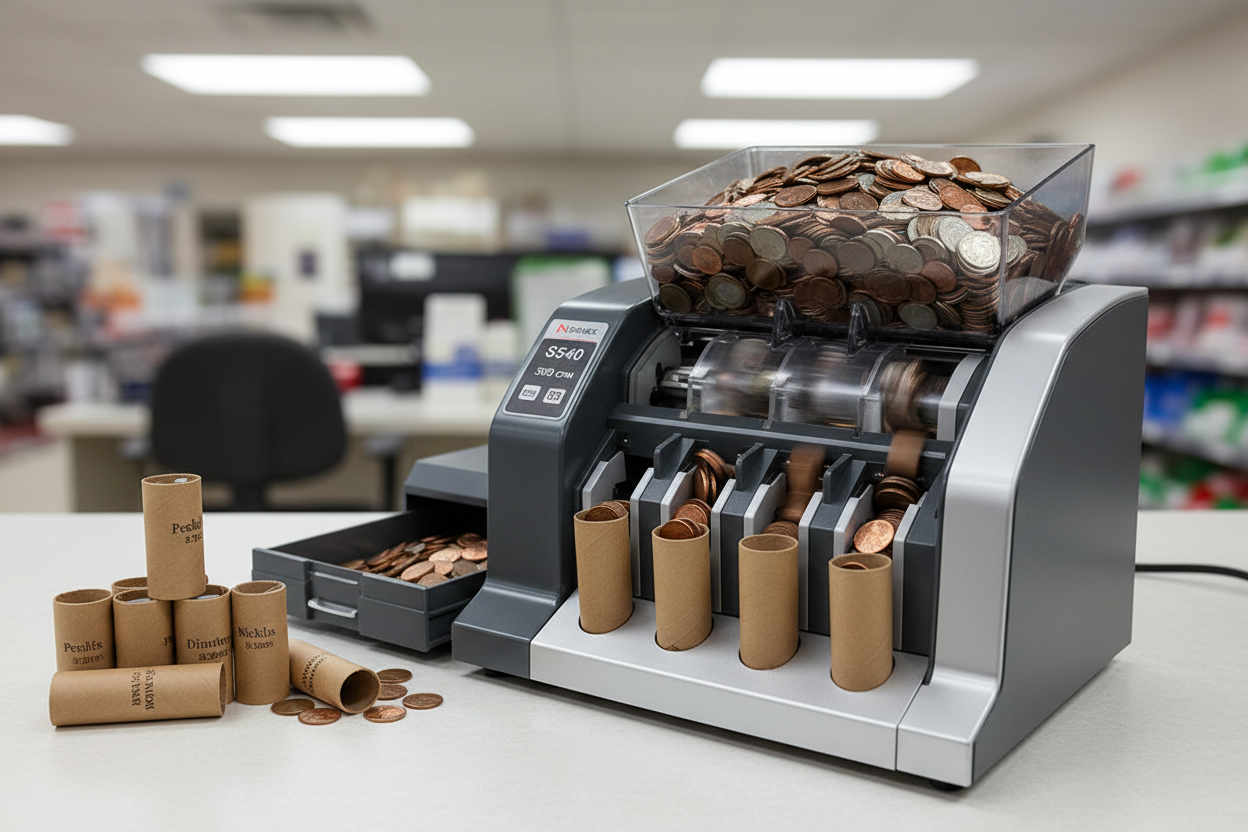 Nadex S540 best coin sorter for retail with 2000-coin hopper sorting counting and wrapping to standard roll count
