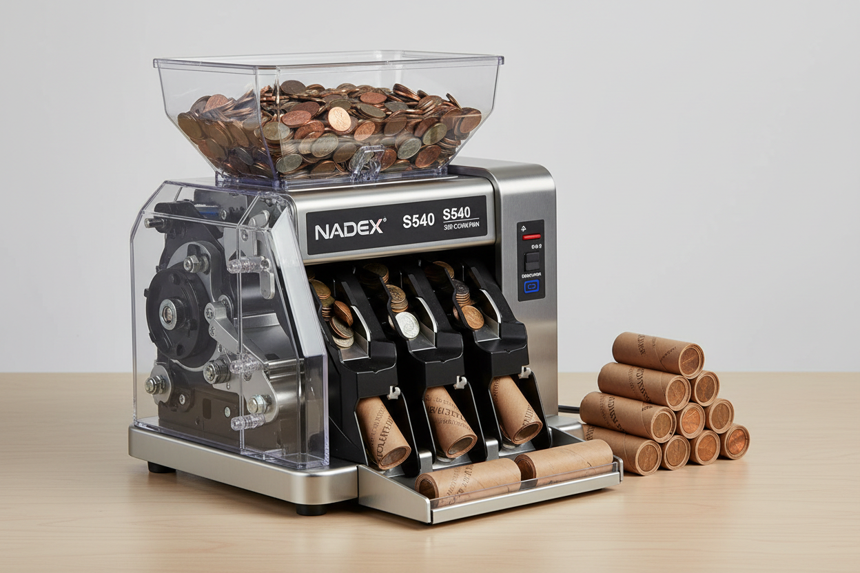 Nadex S540 coin counter sorter and coin roll wrapper for business owners processing all six US denominations