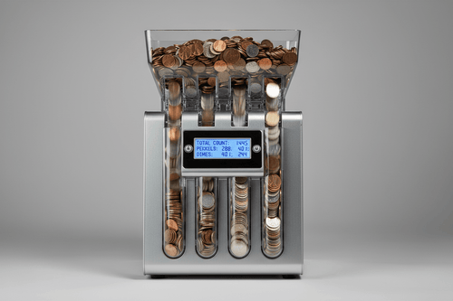 Nadex S540 automatic coin sorter sorting counting and wrapping mixed US coins through six denomination channels