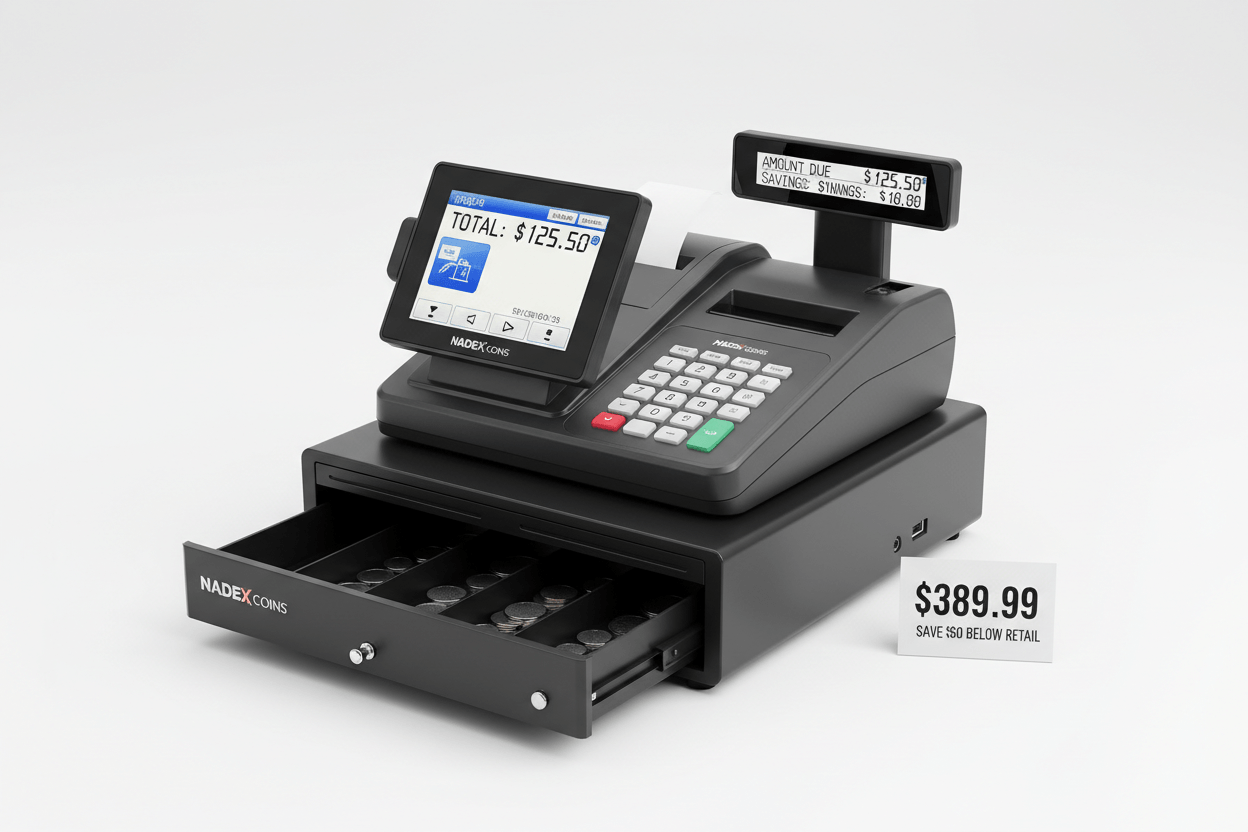 Nadex CR360 best cash register for small business in 2026 with dual display lockable steel drawer and serial port
