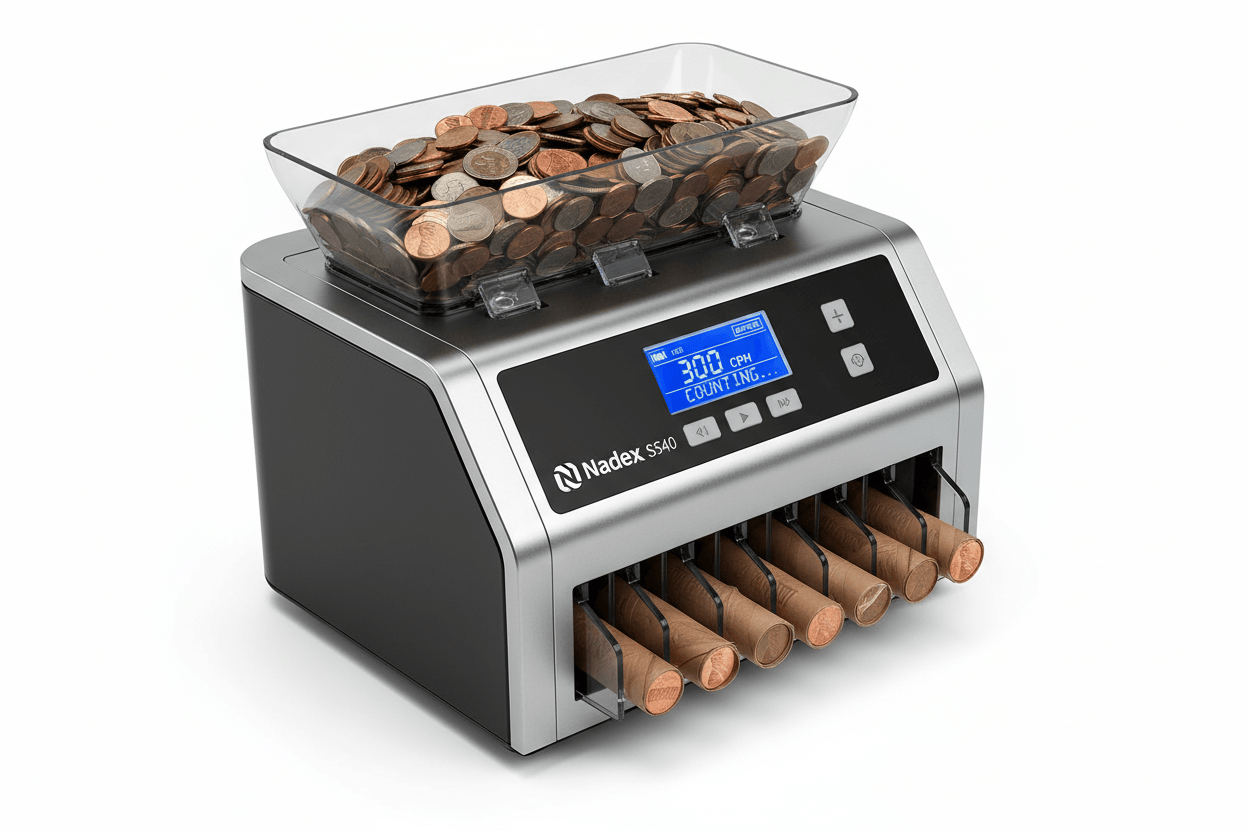 Nadex S540 coin sorter and coin wrapper combined machine sorting counting and wrapping US coins for bank deposits
