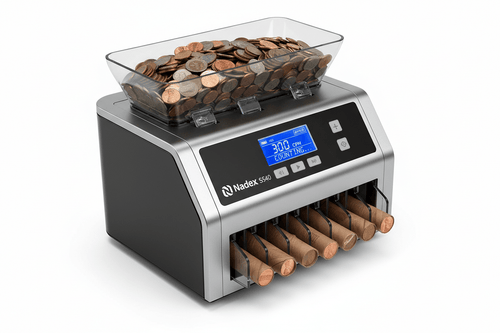 Nadex S540 coin sorter and coin wrapper combined machine sorting counting and wrapping US coins for bank deposits