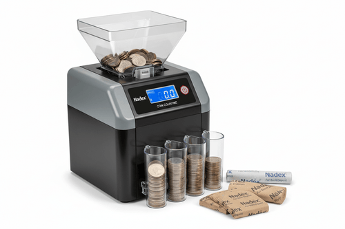 Nadex S540 coin counting machine for business use at 189.99 with 2000-coin hopper and automatic wrapping