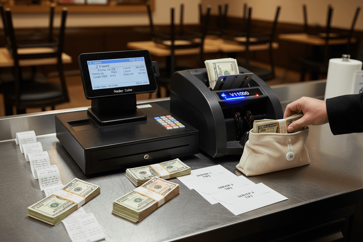 Nadex CR318 restaurant cash and end-of-day reconciliation with bill counter and tamper-evident deposit bags