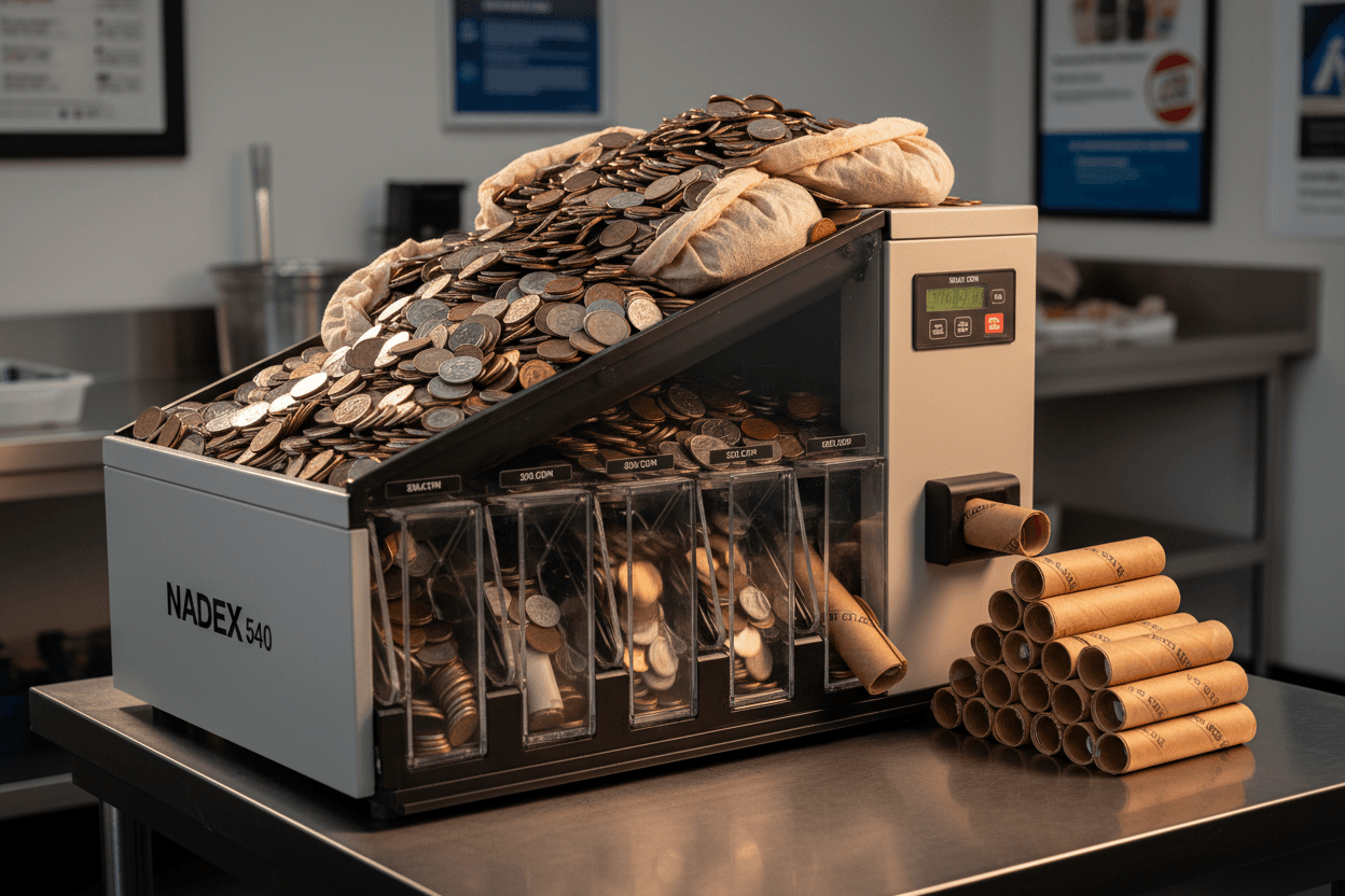 Nadex S540 coin counting equipment for laundromats and car washes sorting and wrapping quarter heavy collections