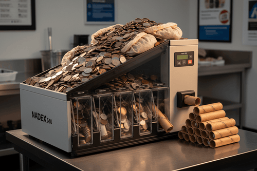 Nadex S540 coin counting equipment for laundromats and car washes sorting and wrapping quarter heavy collections