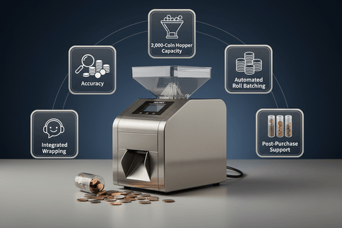 Nadex S540 coin counter buying guide 2026 with 2000-coin hopper automated roll batching and integrated wrapping