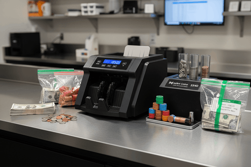 Nadex cash handling equipment for restaurants beyond POS system including bill counter coin sorter and deposit bags