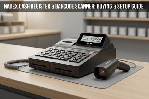 Nadex CR360 cash register with Nadex handheld barcode laser scanner connected via serial port for retail counter scan checkout