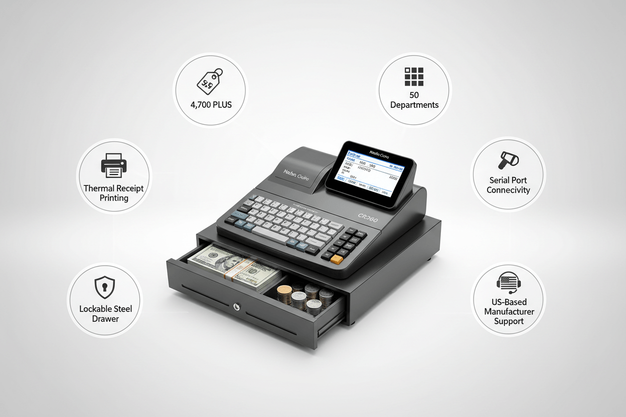 Nadex CR360 cash register features for small business including PLUs departments thermal printing and steel drawer