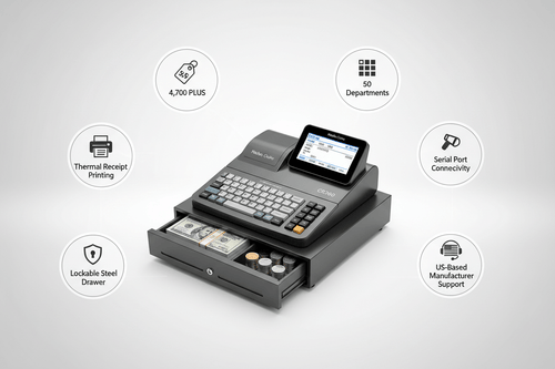 Nadex CR360 cash register features for small business including PLUs departments thermal printing and steel drawer