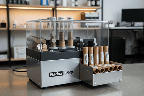 Nadex S540 coin roll wrapper machine for retail businesses producing standard bank-ready rolls from sorted US coins