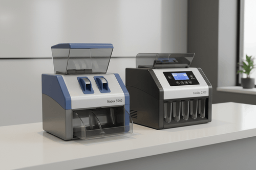 Nadex S540 and Cassida C300 commercial coin sorters side by side for small business comparison showing hopper and sorting compartments