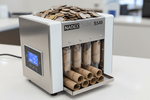 Nadex S540 best coin counter for small business with 2000-coin hopper sorting and wrapping all six US denominations