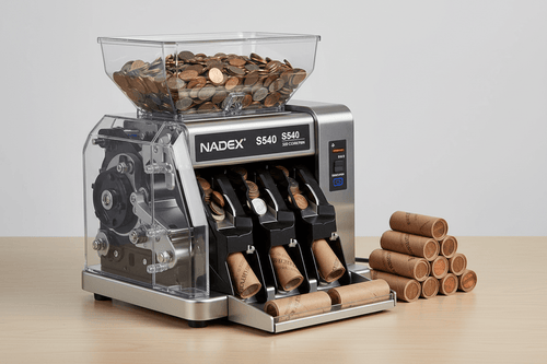 Nadex S540 coin counter sorter and coin roll wrapper for business owners processing all six US denominations