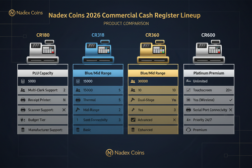 Nadex Coins cash register buying guide 2026 comparing CR180 CR318 CR360 and CR600 by PLU capacity and features