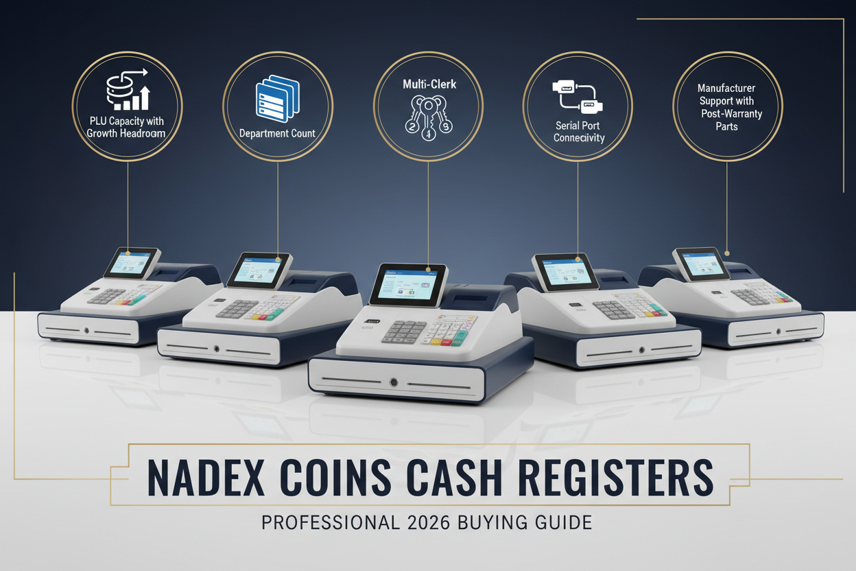 Nadex Coins cash register buying guide 2026 five criteria PLU capacity multi-clerk support and serial port connectivity
