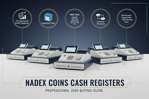 Nadex Coins cash register buying guide 2026 five criteria PLU capacity multi-clerk support and serial port connectivity