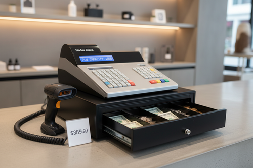 Nadex CR360 best cash register for a boutique with 4700 PLUs barcode scanner connectivity and lockable steel drawer