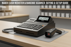 Nadex CR360 cash register with Nadex handheld barcode laser scanner connected via serial port for retail counter scan checkout
