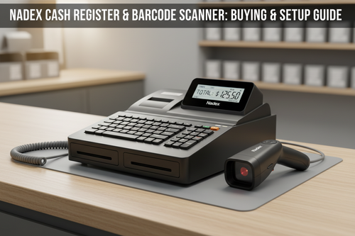 Nadex CR360 cash register with Nadex handheld barcode laser scanner connected via serial port for retail counter scan checkout