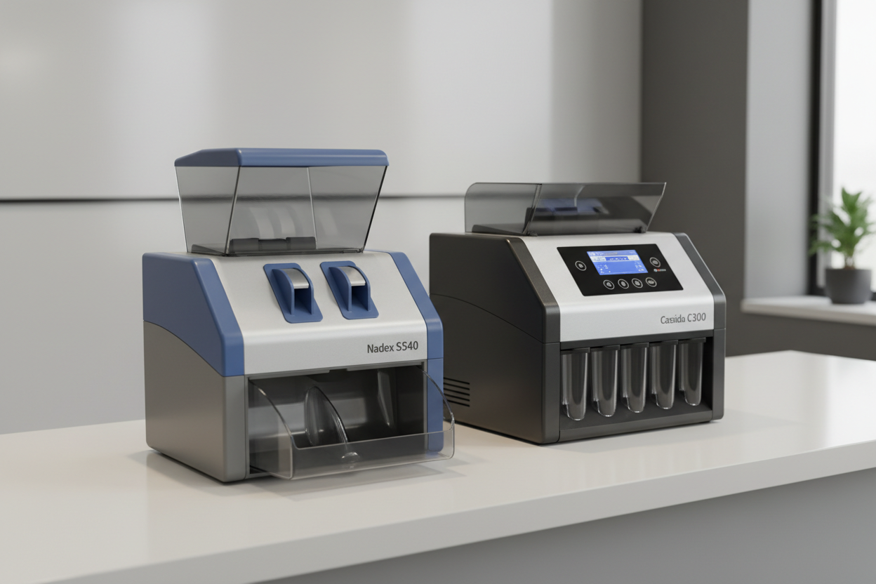 Nadex S540 and Cassida C300 commercial coin sorters side by side for small business comparison showing hopper and sorting compartments