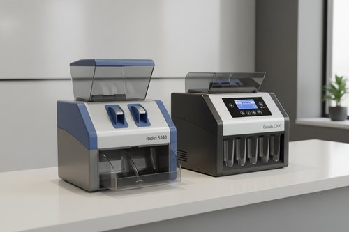 Nadex S540 and Cassida C300 commercial coin sorters side by side for small business comparison showing hopper and sorting compartments