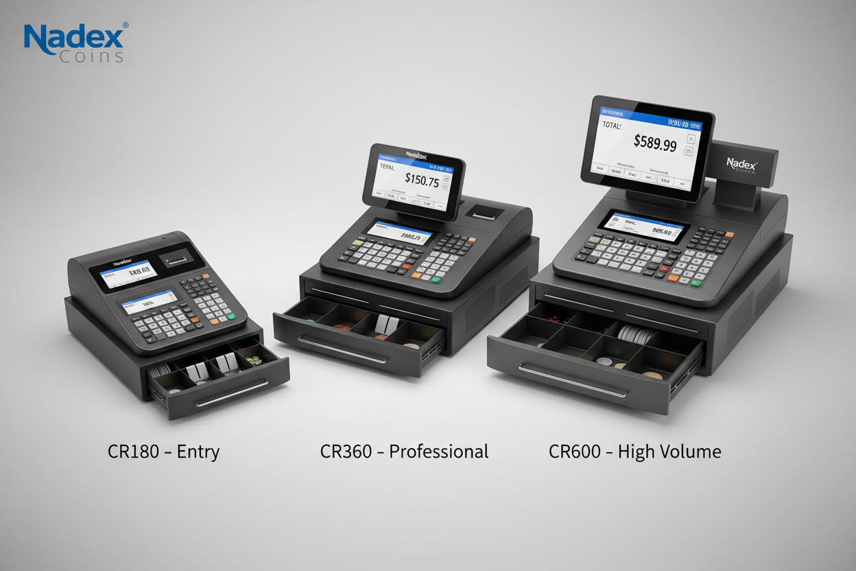 Nadex CR180, CR360, and CR600 electronic cash register machines for small business with thermal printing and full shift reporting